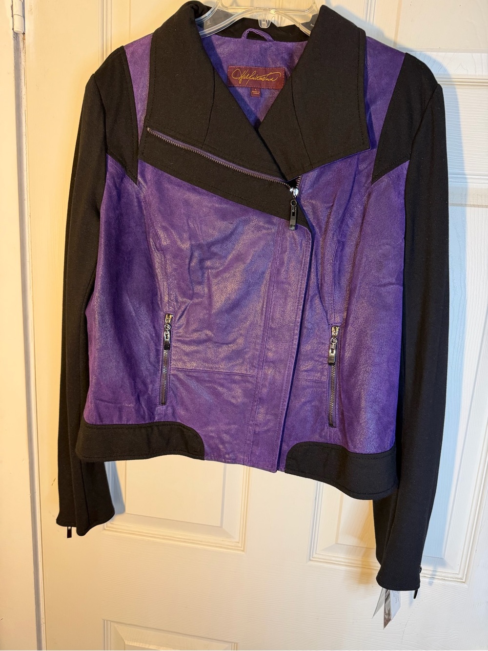 Hal Rubenstein Purple and Black Leather Moto Jacket L